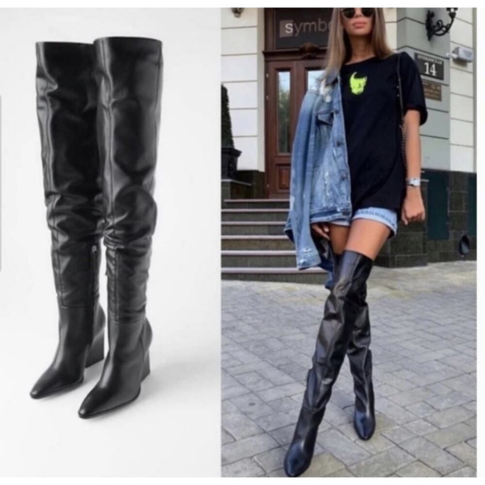 Zara Bloggers Favorite Black Leather Over Knee Boots Block Heel EU 36 US 5.5